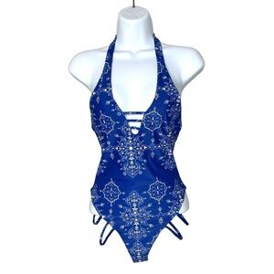 Lovers + Friends Blue White Bandana Print One Piece Swimsuit